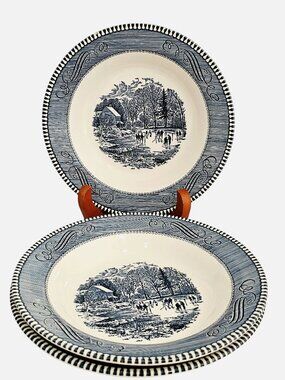 3 Currier Ives Early Winter Bowl 8" soup salad Royal Pottery blue white made USA